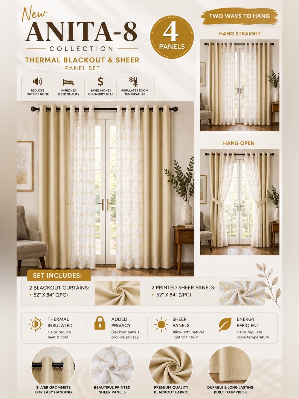 ANITA-8 Thermal Blackout & Sheer Curtain Set – 4 Panels